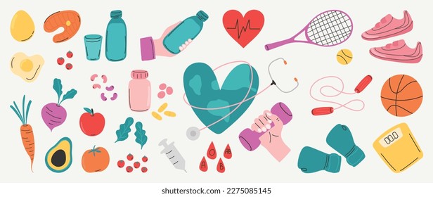 World health day concept, 7 April, element vector set. Hand drawn doodle style of heart, diet food, nutrition, sport, exercise, medicine, heart. Design for web, banner, campaign, social media post.