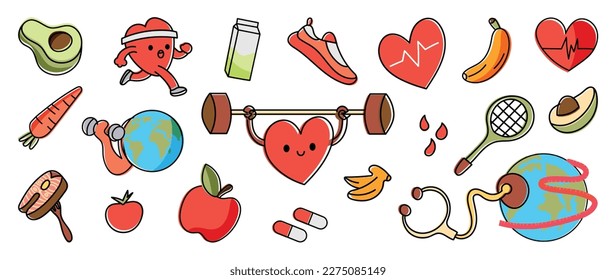 World health day concept, 7 April, element vector set. Hand drawn doodle style of exercise heart, diet food, nutrition, sport, globe, medicine. Design for web, banner, campaign, social media post.