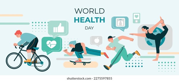 World health day concept, 7 April, background vector. Hand drawn doodle style of people working out, yoga exercise, skateboard, text chat elements. Design for web, banner, campaign, social media post.