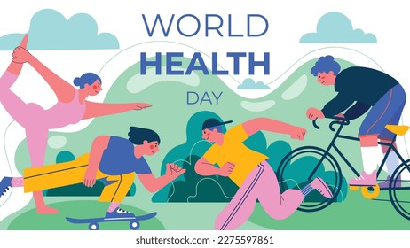 Concepto del Día Mundial de la Salud, 7 de abril, vector de fondo. Estilo de garabatos cómicos dibujados a mano de personas que trabajan, ejercicio de yoga, patinaje, ciclismo. Diseño para web, banner, campaña, publicación en medios sociales.