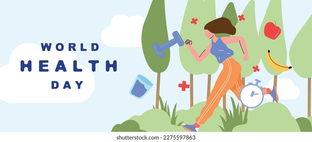 World health day concept, 7 April, background vector. Hand drawn doodle style of woman working out, exercise, run, tree, healthy element texture. Design for web, banner, campaign, social media post.