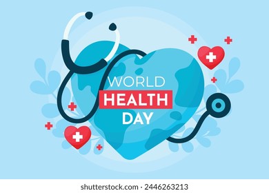 Concepto del Día Mundial de la Salud, 7 de abril, Vector de antecedentes. Dibujado a mano estilo de garabato de la tierra, corazón, estetoscopio. Diseño para Web, Anuncio, campaña, publicación en redes sociales.