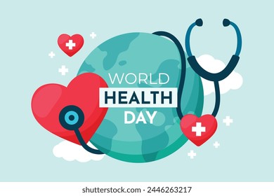 Concepto del Día Mundial de la Salud, 7 de abril, Vector de antecedentes. Dibujado a mano estilo de garabato de la tierra, corazón, estetoscopio. Diseño para Web, Anuncio, campaña, publicación en redes sociales.