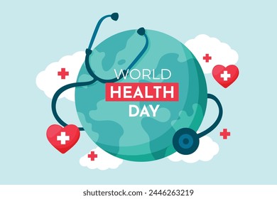 World health day concept, 7 April, background vector. Hand drawn comic doodle style of earth, heart, stethoscope. Design for web, banner, campaign, social media post.