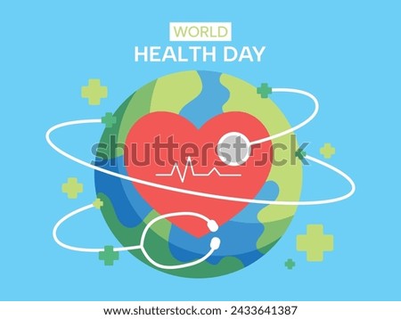 World health day concept, 7 April, background vector. Hand drawn comic doodle style of earth, heart, stethoscope. Design for web, banner, campaign, social media post.