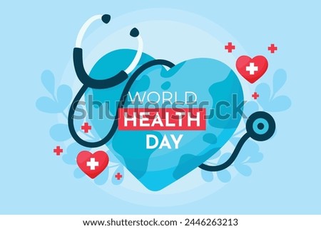 World health day concept, 7 April, background vector. Hand drawn comic doodle style of earth, heart, stethoscope. Design for web, banner, campaign, social media post.