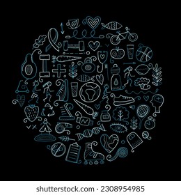 World health day. Concept art with healty lifestyle desing elements, icons set. Black background. Vector illustration