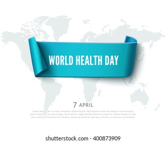 World Health day concept with blue curved paper ribbon banner, world map and space for text, realistic vector paper background. Paper ribbon web banner. Conceptual illustration for Health day