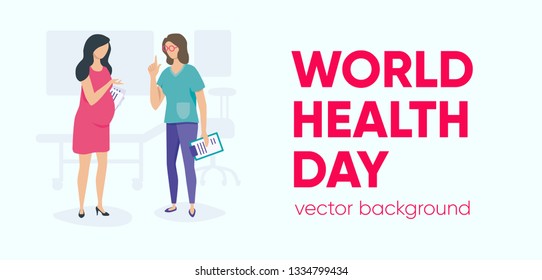 World health day concept. Doctor and pregnant woman, flat style. Medicine and healthcare image. Vector Illustration
