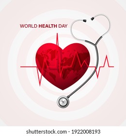 World Health Day Concept With Doctor Stethoscope And Red Heart. Vector Illustration.