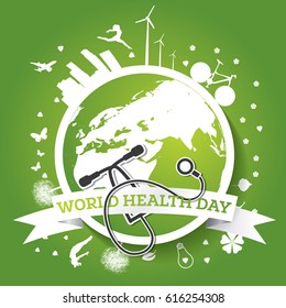 World Health Day Concept with Doctor Stethoscope and Green Earth. Vector Illustration.