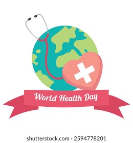 World Health Day Concept with Earth, Stethoscope, and Heart Symbol