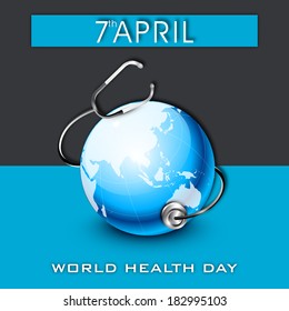 Concepto del Día Mundial de la Salud con globo y estetoscopio sobre fondo azul y negro. 