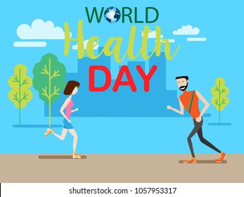 World health day concept with hand draw lettering and healthy lifestyle illustration. Vector.