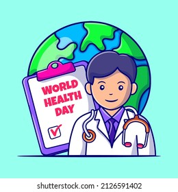 World health day concept with hand drawn of doctor, globe and medical check doodle style