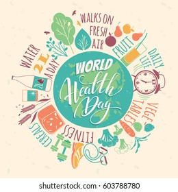 World health day concept with hand draw lettering and healthy lifestyle illustration. Vector.