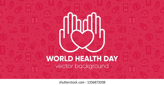 World health day concept with hands holding heart and outline pattern on the background. Medicine and healthcare image. Vector Illustration