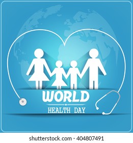 Concepto del Día Mundial de la Salud con una familia sana bajo estetoscopio y globo.vector