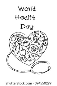World health day concept with heart and healthy food