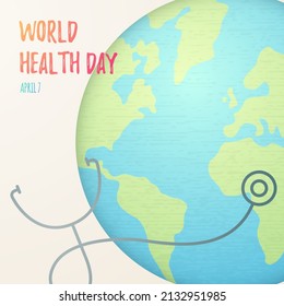 World Health Day concept illustration. 7th April global health awareness day. World health day concept with world globe, doctor stethoscope and text