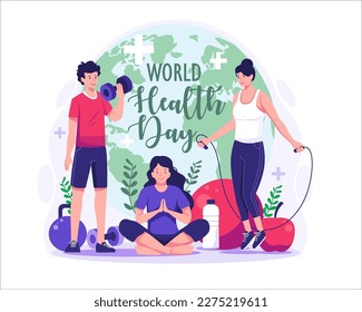 Ilustración conceptual del Día Mundial de la Salud con personajes que hacen ejercicio, fitness y yoga. Estilo de vida saludable. ilustración vectorial