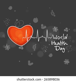 World Health Day concept with illustration of red heart and heart beats on medical background.