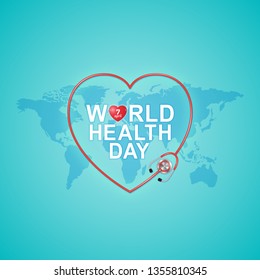 World health day concept world map, heartbeat and stethoscope for healthcare and medical vector illustration