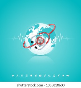 World health day concept world map, heartbeat, stethoscope and flat icons for healthcare and medical vector illustration