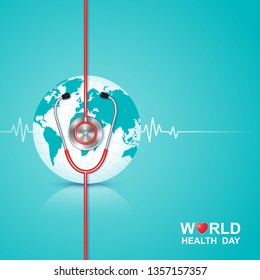 World health day concept world map, heartbeat and stethoscope for healthcare and medical vector illustration