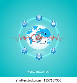 World health day concept world map, heartbeat, stethoscope and flat icons for healthcare and medical vector illustration