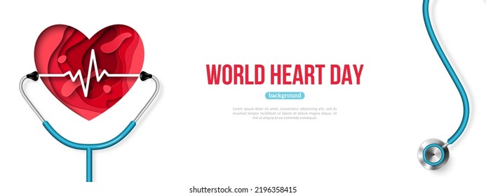 World Health Day concept. Paper cut red heart, puls and stethoscope 3d poster, place for text. Vector illustration. Medical template background, healthcare checkup and diagnostic, phonendoscope