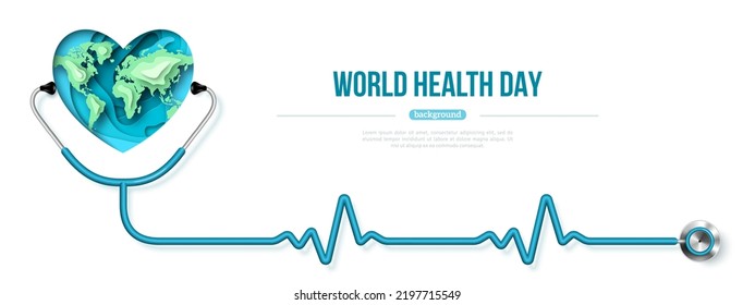 Concepto del Día Mundial de la Salud. Cartel 3d de corte de papel, mapa y estetoscopio, lugar de texto. Pulso de latido en el cable. Ilustración vectorial. Fondo de plantilla médica, revisión médica y diagnóstico