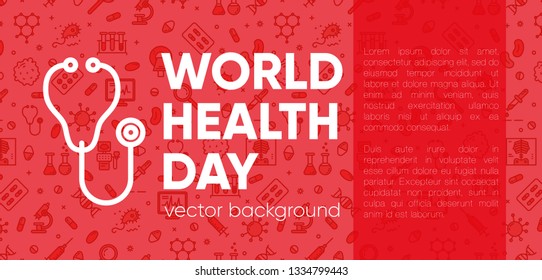 World health day concept with stethoscope and outline pattern on the background. Medicine and healthcare image. Bright red vector Illustration with copt text space.