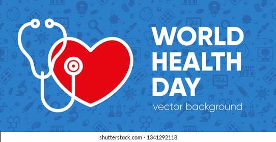 World health day concept with stethoscope and outline pattern on the background. Medicine and healthcare image. Vector Illustration with copy text space.