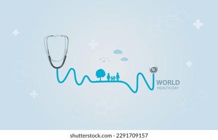 World Health Day Concept. Stethoscope with Happy Family. Doctor day. vector illustrations