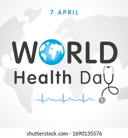 World health day concept text design with doctor stethoscope and heartbeat. Globe in text and normal cardiogram for poster on World Health Day, 7 April. Vector Illustration