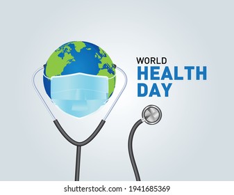 World Health Day Concept Vector Illustration. 7th April world globe with mask health concept Background. World health day concept text Poster design with doctor stethoscope. coronavirus health problem