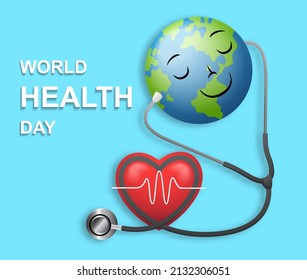 World health day concept. Vector illustration of globe earth and red heart with stethoscope 