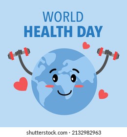 World health day concept vector illustration. Planet earth cartoon character holding dumbbells in flat design.