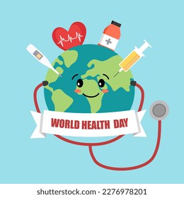 World health day concept vector illustration. Cute earth planet with medical equipment and medicine in flat design.