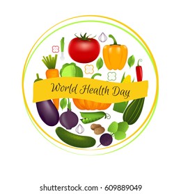 World Health Day Concept With Vegetables . Advertisement Of  Healty Lifestyle And Vegan Food. People Healthcare. Vector Circle Illustration.