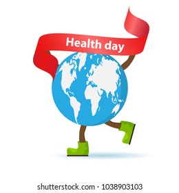 World Health Day Concept.Planet Earth With Continents Engaged In Sports, Running In Shoes, Finish.The Ribbon Is Red With Text In The Hands Above The Head At The Top.Isolated.Vector Illustration