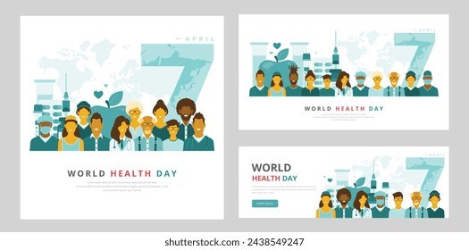 World health day concepts highlighting April 7. Features diverse community including medical professionals. Perfect for any poster, web banner, header or social media post