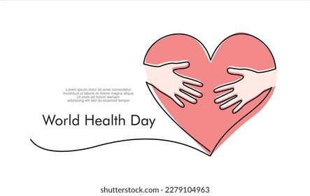 World health day. Continuous line drawing of hand hugging heart, hug. Vector