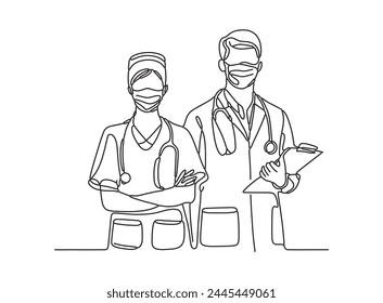 Día Mundial de la Salud línea continua dibujo una línea boceto diseño de Arte vectorial 
Doctor y enfermera con estetoscopio sobre fondo blanco. Ilustración vectorial.