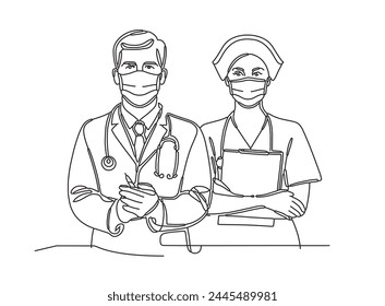 World Health Day continuous line drawing one line sketch vector art design for a nurse and doctor