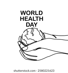 World Health Day. Continuous one line art drawing hands hold Earth globe. Save and protect earth planet linear concept. Vector illustration isolated on white background.