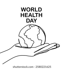 World Health Day. Continuous one line art drawing hands hold Earth globe. Save and protect earth planet linear concept. Vector illustration isolated on white background.