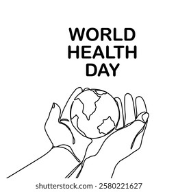 World Health Day. Continuous one line art drawing hands hold Earth globe. Save and protect earth planet linear concept. Vector illustration isolated on white background.