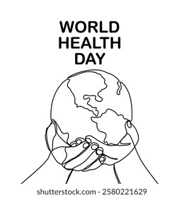 World Health Day. Continuous one line art drawing hands hold Earth globe. Save and protect earth planet linear concept. Vector illustration isolated on white background.